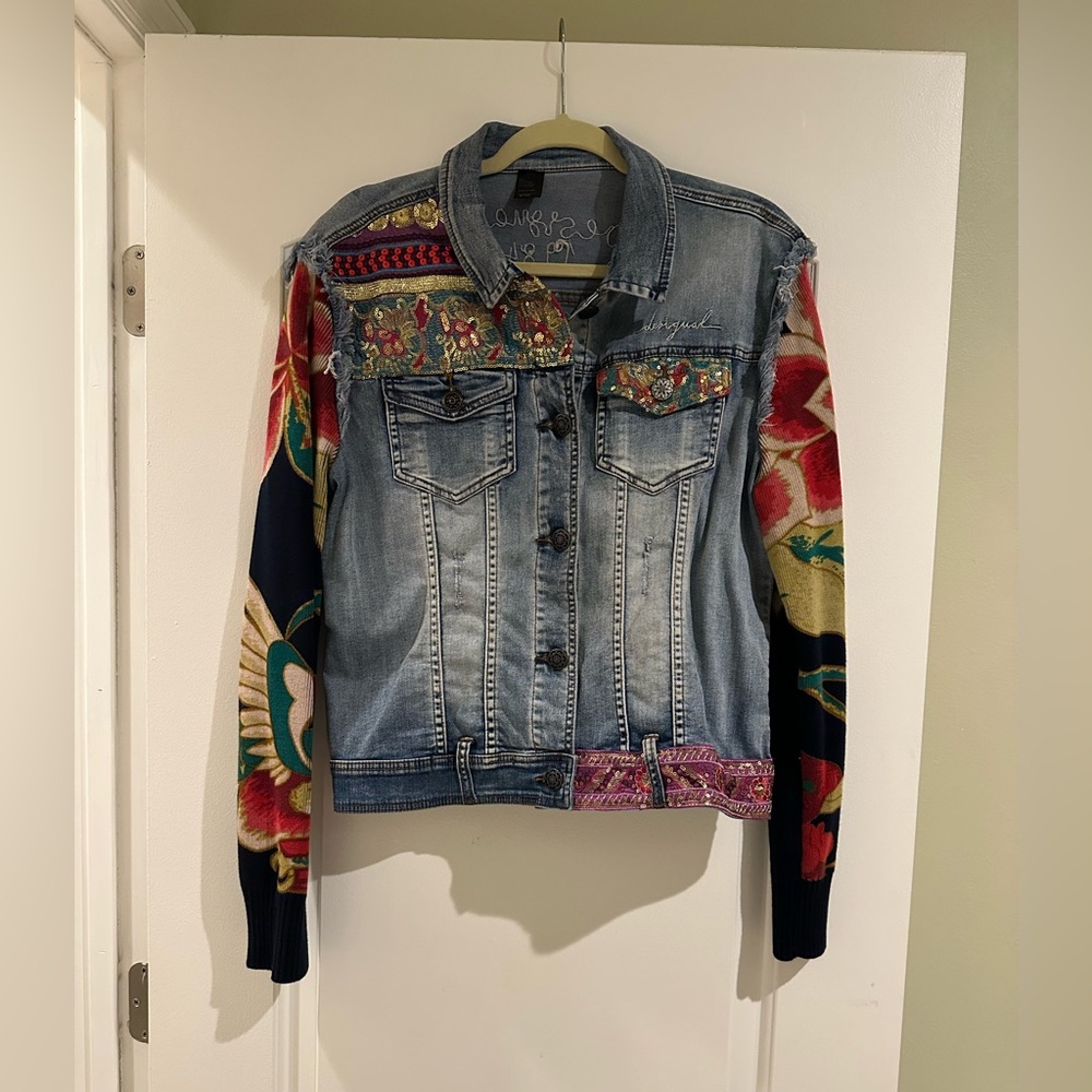 Desigual Denim Jacket with Multicolor Floral Sleeves